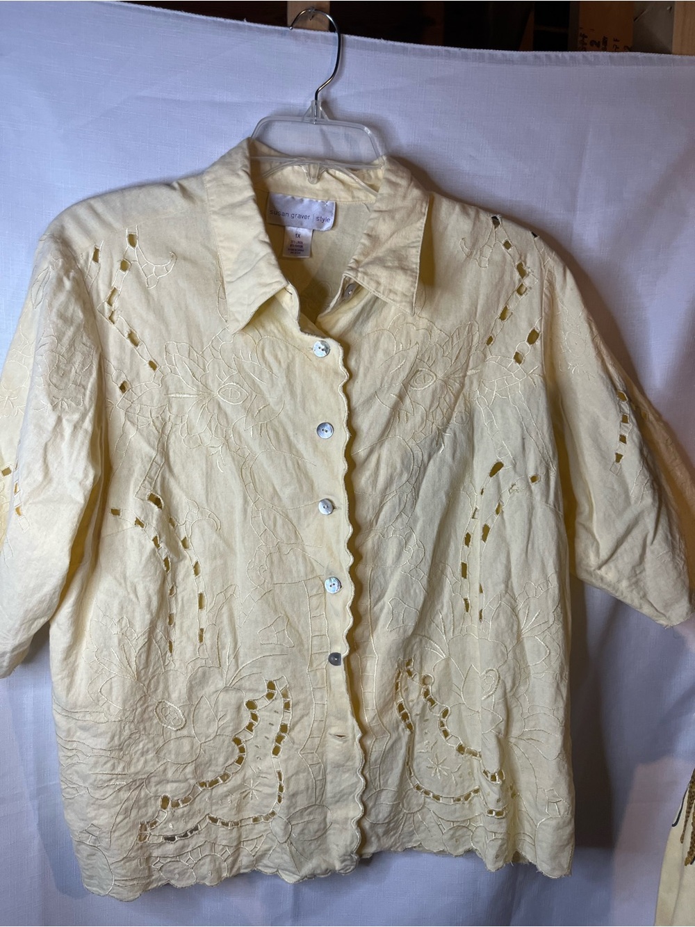 Susan Graver Pale Yellow Button-Front Embroidered Cotton Top